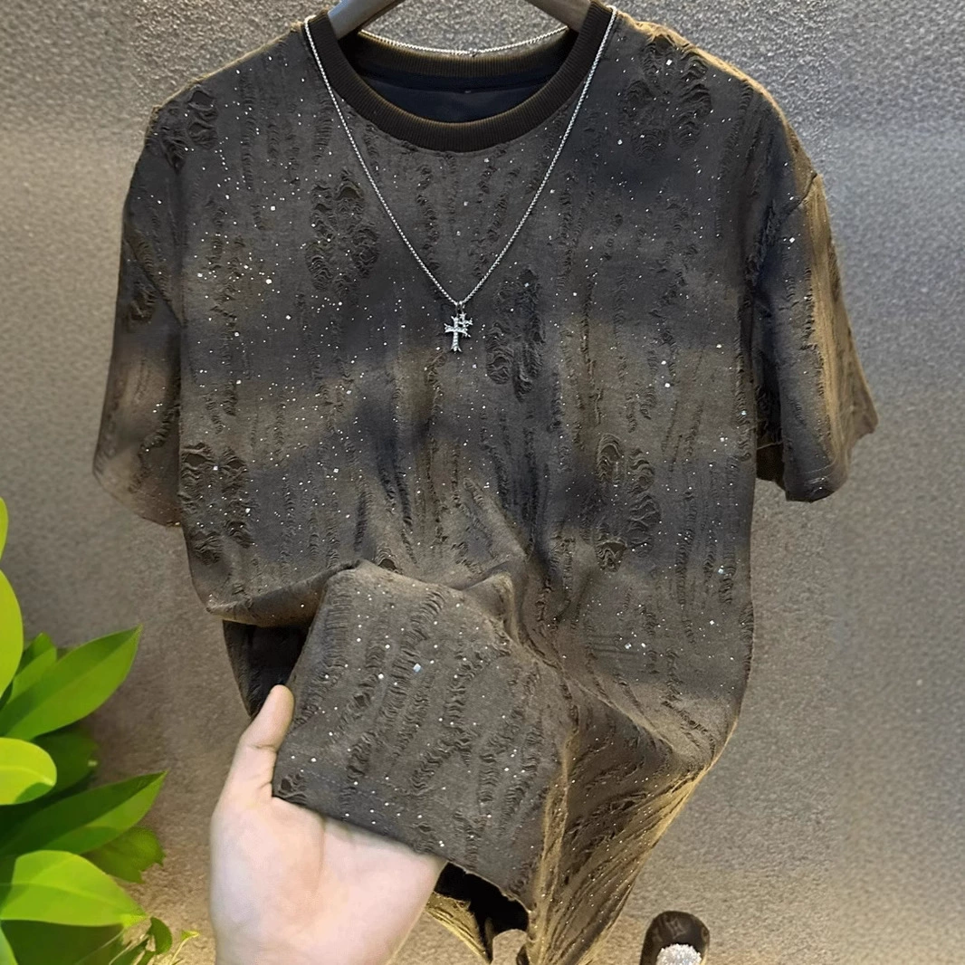 Горячая распродажа трансграничного экспорта, летняя новая стильная рваная толстовка с цветком гипсофилы, мужской градиентный топ, свободный пуловер, футболка с короткими рукавами