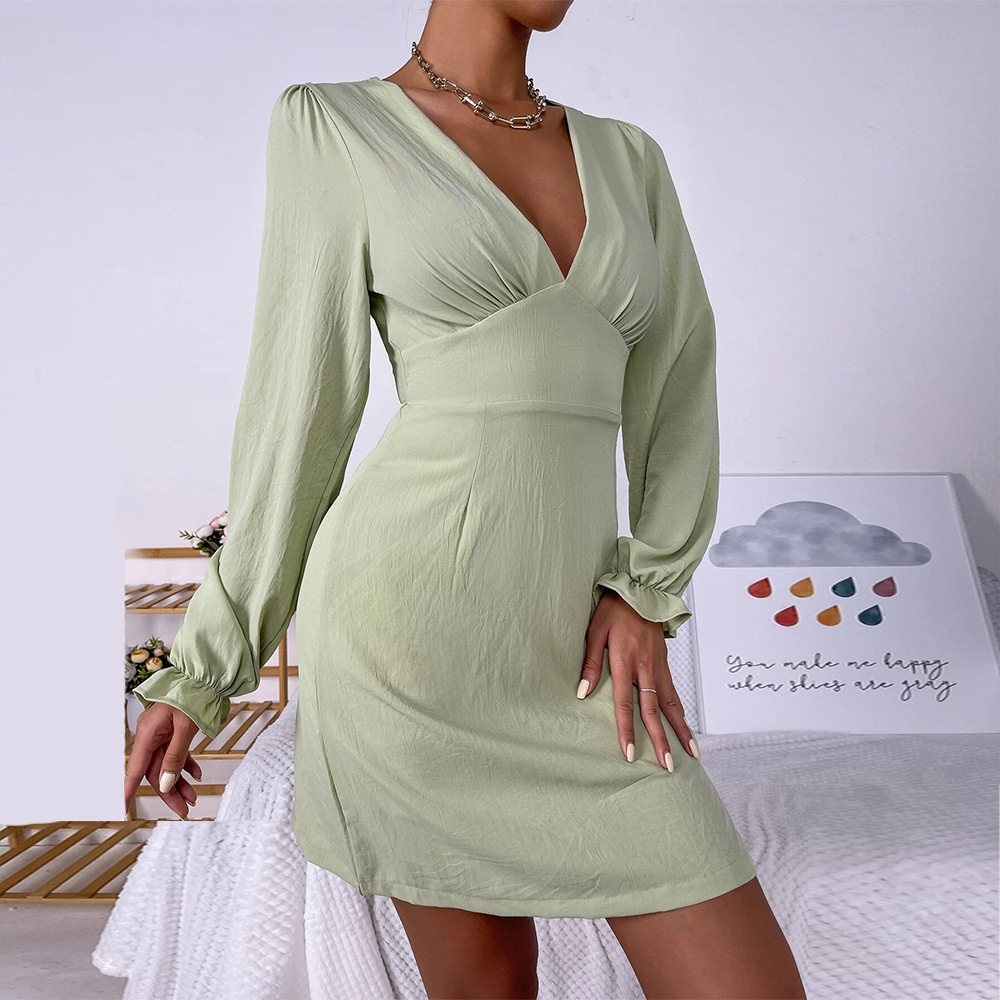 green V-neck low-cut long-sleeved slit dress NSYSQ111372