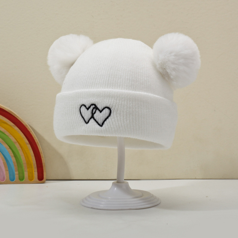 かわいいベビーニット帽、ダブルラブ刺繍、ダブルポンポンウール帽子、赤ちゃんの快適で肌に優しい暖かい防寒帽子|undefined