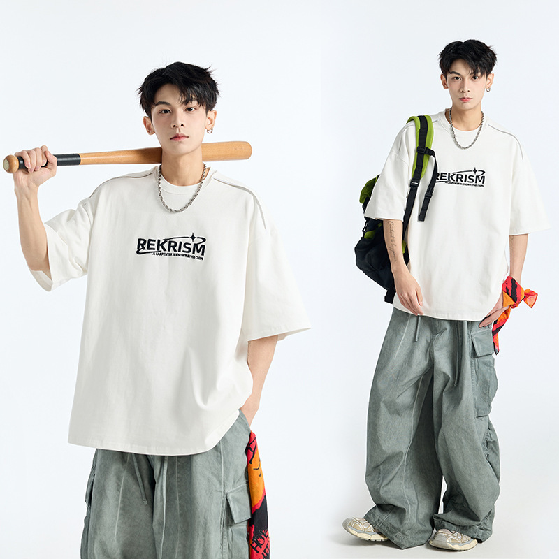 アルファベット刺繍半袖tシャツ男子夏の薄手の丸首五分袖上着の潮牌ゆるい半袖|undefined