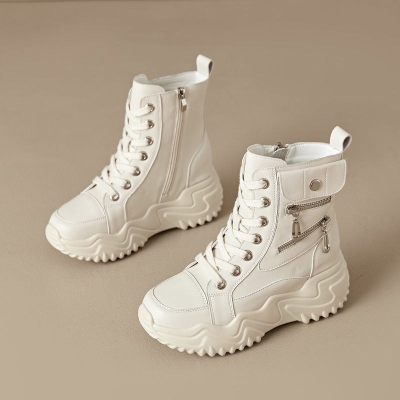 여성용 하이탑 화이트 슈즈 2025 가을 신상 캐주얼 슈즈 여성용 두꺼운 밑창 패션 다용도 통기성 키높이 마틴 부츠