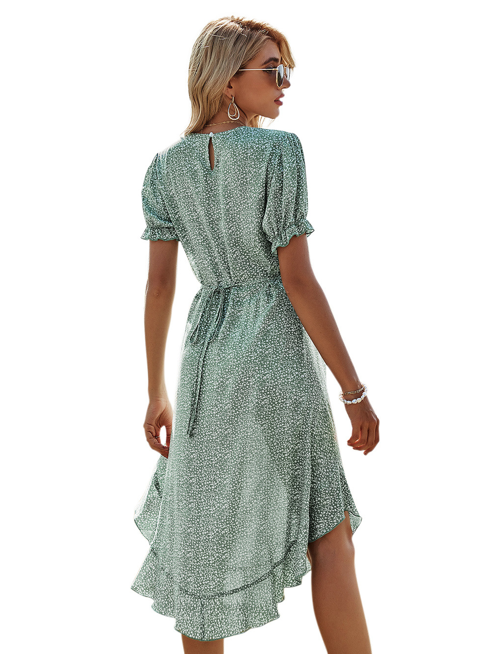 Round Neck Ruffle Short Sleeve Dress NSDF23301