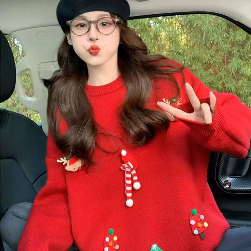 Suéter rojo perezoso para mujeres 2025 Navidad otoño y invierno nueva ropa de mujer casual versátil camiseta de punto de cuello redondo image 1