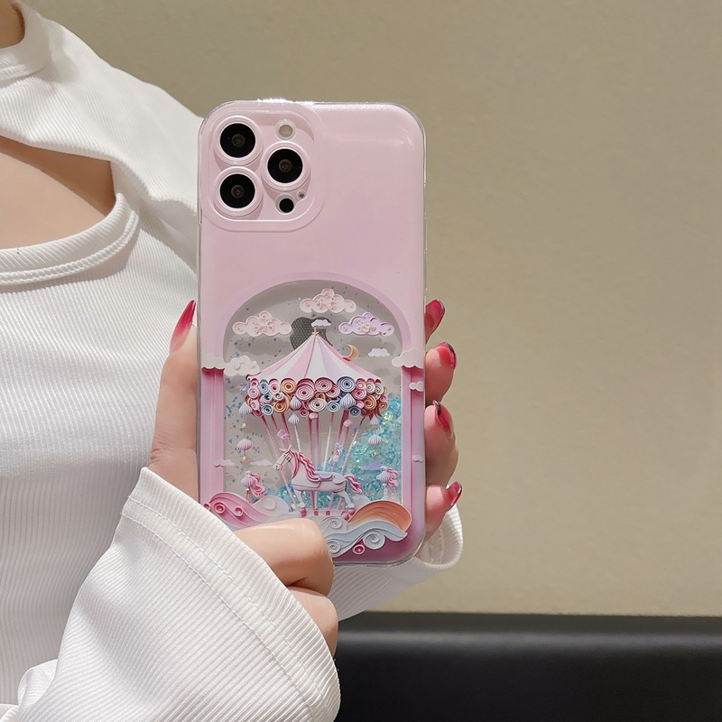 Suitable for iPhone 15 ProMax phone case Apple 14 Night Glow Hollow Carousel Liquid Sand Case 13 Tide_voghion.com