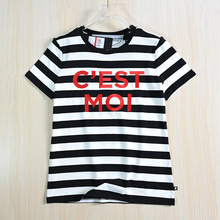 思琪女装 252/17 美系莫代尔棉刺绣大字母圆领休闲宽条纹短袖T恤