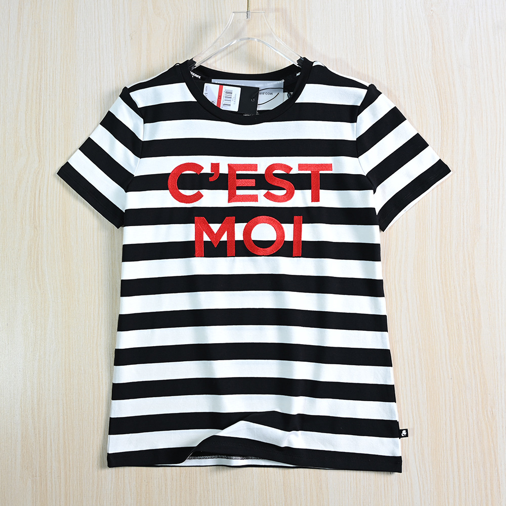 思琪女装 252/17 美系莫代尔棉刺绣大字母圆领休闲宽条纹短袖T恤