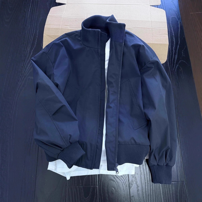 Navy Blue Stand Collar Bomber Jacket Men's Autum Bomber American Short Jacket Couple High Street Baseball Uniform Navy Blue Stand Collar Bomber Jacket Men's Autum Bomber American Short Jacket Couple High Street Baseball Uniform