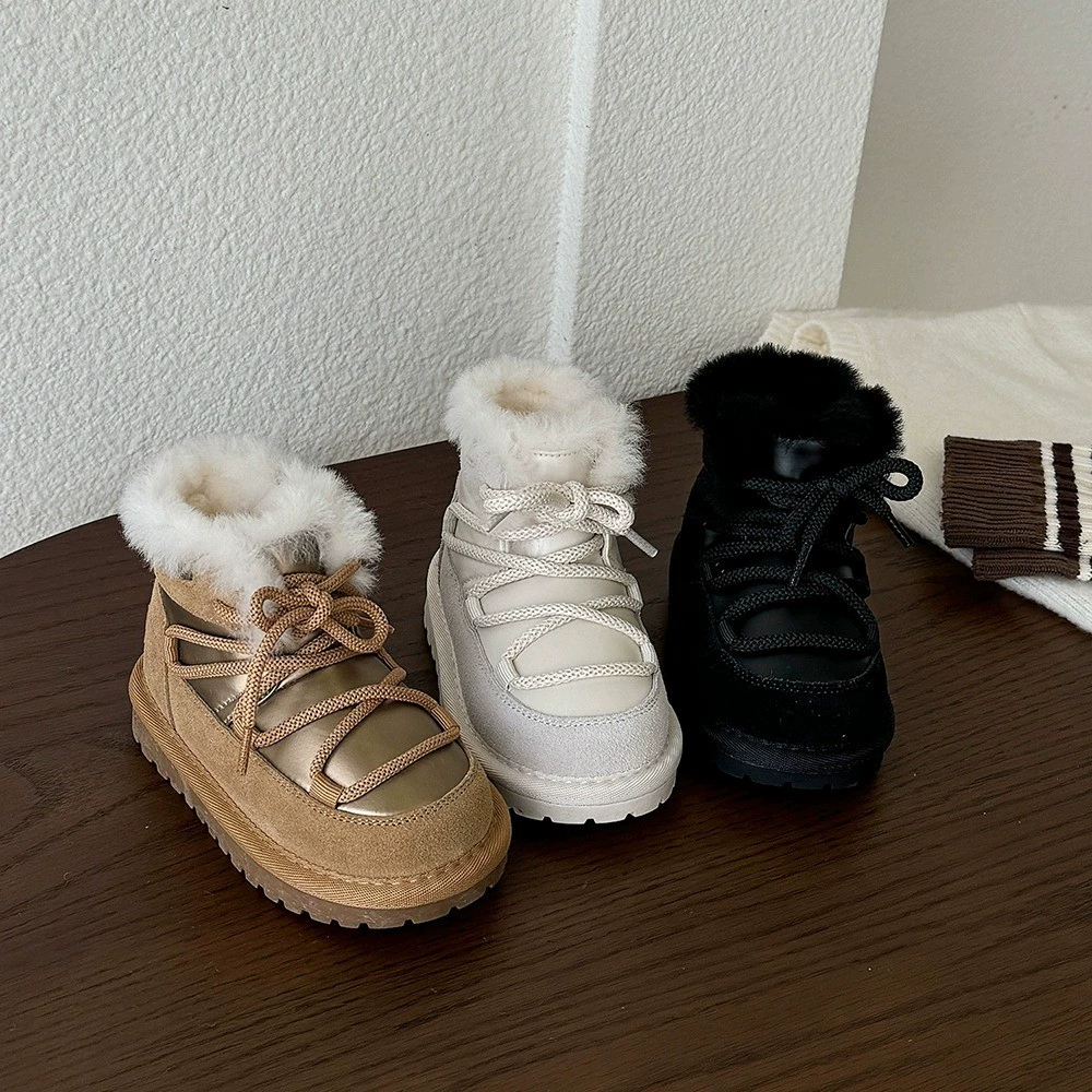Детские зимние сапоги 2025: Новинка осени-зимы, модные теплые флисовые ботинки на шнуровке для мальчиков и девочек постарше, с мягкой подошвой, хлопковые сапоги
