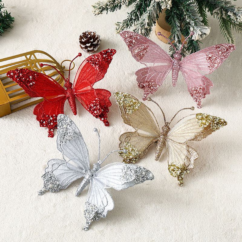 Cross-border Christmas decoration pendant Christmas tree hanging ornaments mesh glitter with diamond belt clip butterfly holiday party arrangement