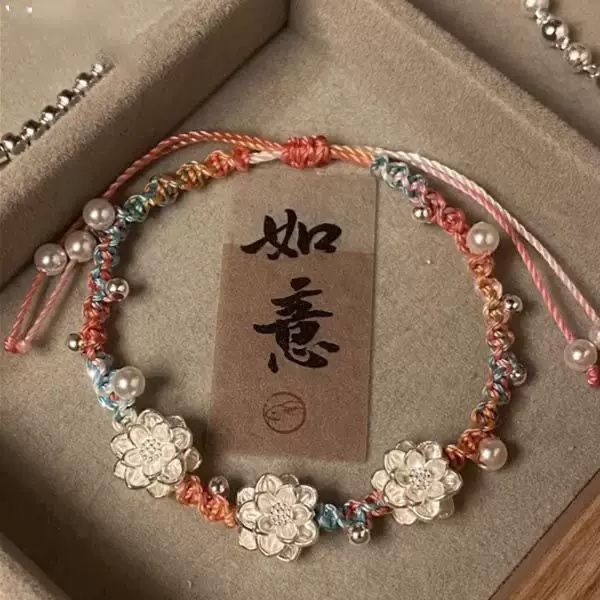 Antique Good Luck Lotus Bracelet Handmade Woven Lotus Pure Handmade Color Hand Rope Woven Girlfriend Gift High Color Value