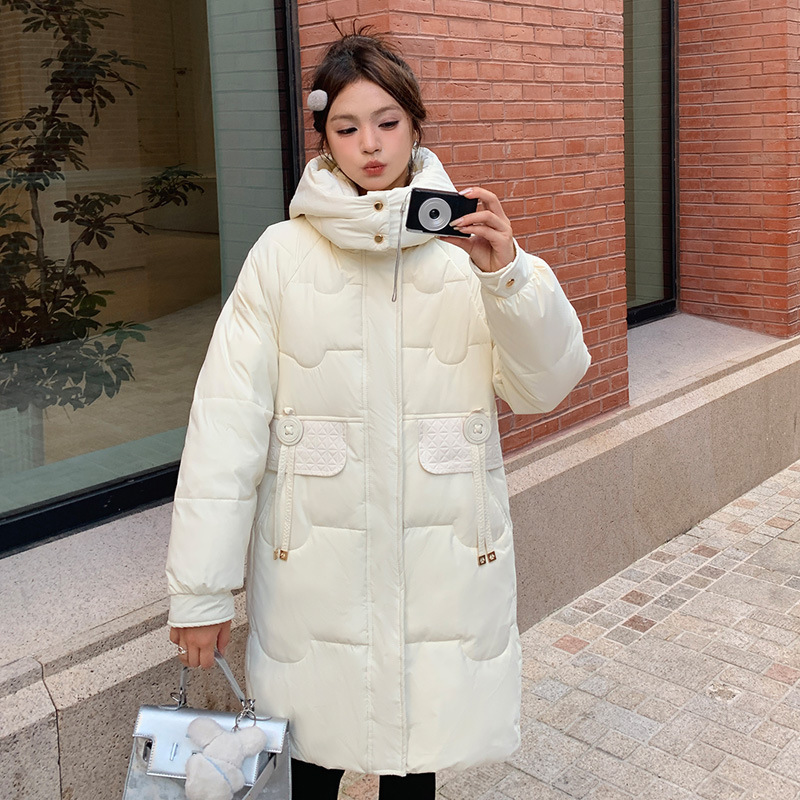 Moda transfronteriza de pluma media y larga mujer 2025 invierno nuevo algodón grueso abrigo de invierno con capuzas cálidas
