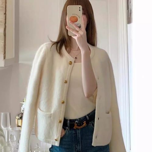 Xiaoxiangfeng short front shoulder imitation mink knitted cardigan sweater women's spring and autumn lazy style casual jacket top