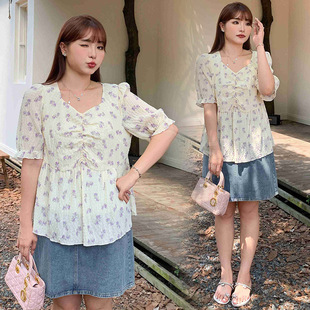 Large size floral top 200kg fat mm loose a-shaped belly hide meat women's chiffon French clavicle shoulder 3276