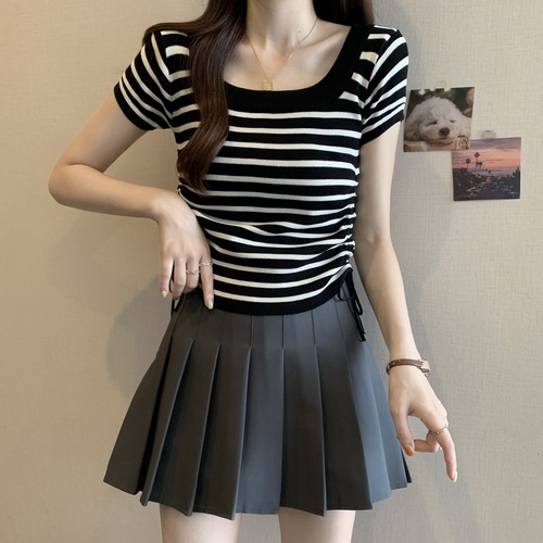 Ribbed knit short-sleeved women's T-shirt 2025 summer loose and slimming design short-sleeve drawstring top square neckline blouse