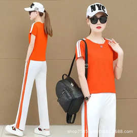 爆款高级冰丝运动套装夏季广场跳舞女休闲服装时尚收腰新款两件套