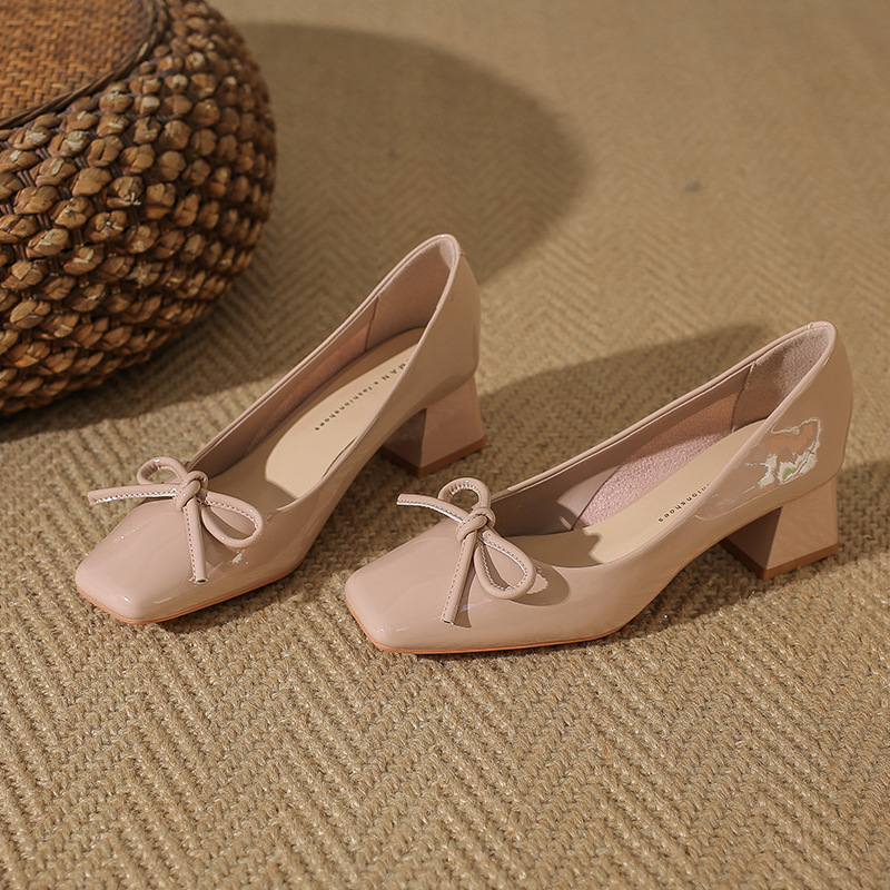 5883 New Simple Square-Toe Patent Leather Chunky Heel High Heels Women's Pumps with Bowknot Niche Chunky Heel High Heels
