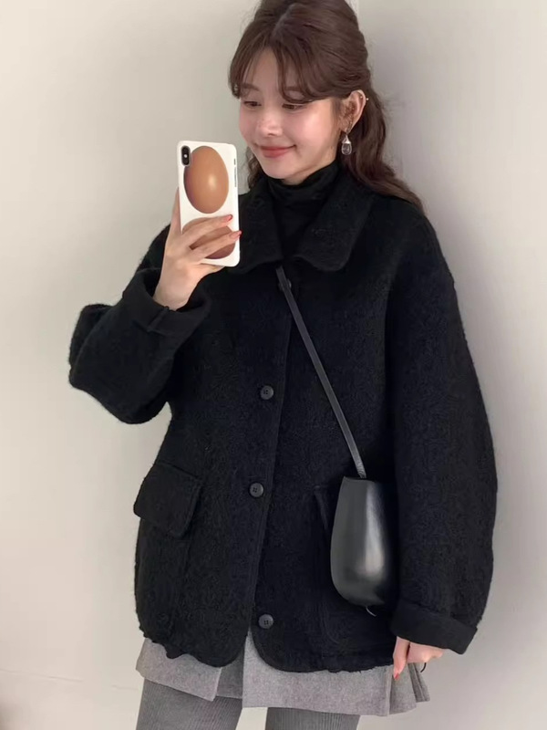 7t韩国东大门同款2025年秋egg羊绒温柔风气质翻领短款毛呢大衣女|undefined
