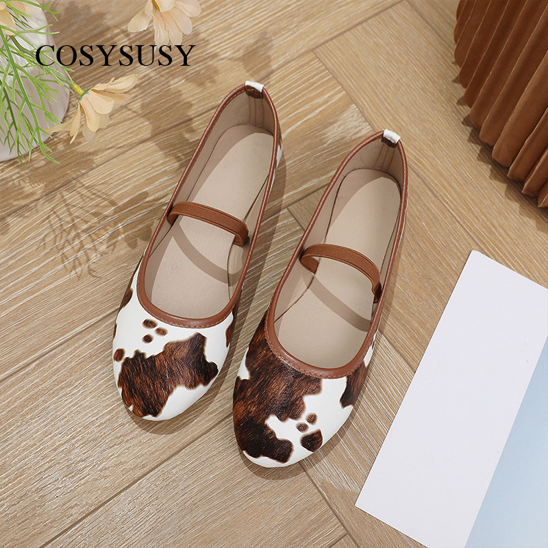 Foreign trade cross-border fashion shallow single shoes for women with cow print, 2026 spring new style loafers, round-toe Mary Jane women's shoes