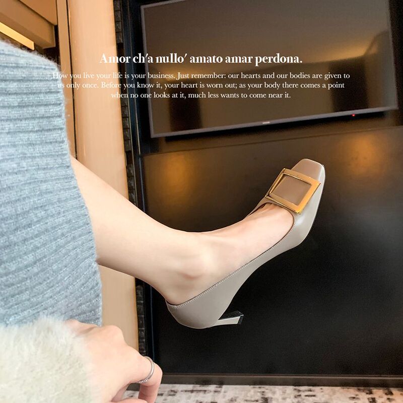 Ready in Stock and Shipped in Seconds ~ Grape Mom French Evening Style Square Buckle Stiletto Heel Square Toe Shallow Mouth Work Clothing Flats for Women in Spring and Autum