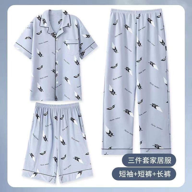 Pajamas de hombre de algodón de tres piezas, pantalones largos de manga corta de verano, ropa casera para hombres, set delgado casual