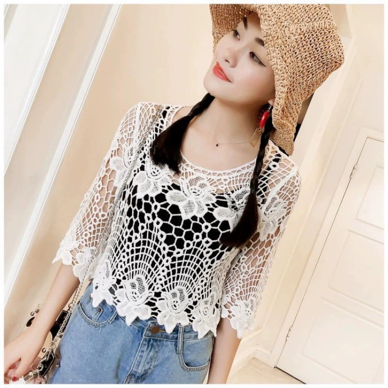 Летний вязаный крючком короткий пуловер с ведьмой, блузка, кружевная рубашка, женский топ с длинной юбкой, короткая верхняя одежда, маленькая куртка