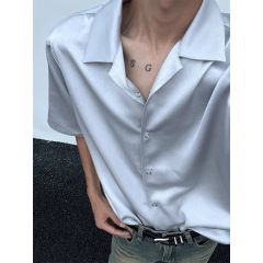 酢酸キューバ襟シャツ男性半袖高級感痞帅氷糸シャツペンダント感抗シワcleanfit半袖