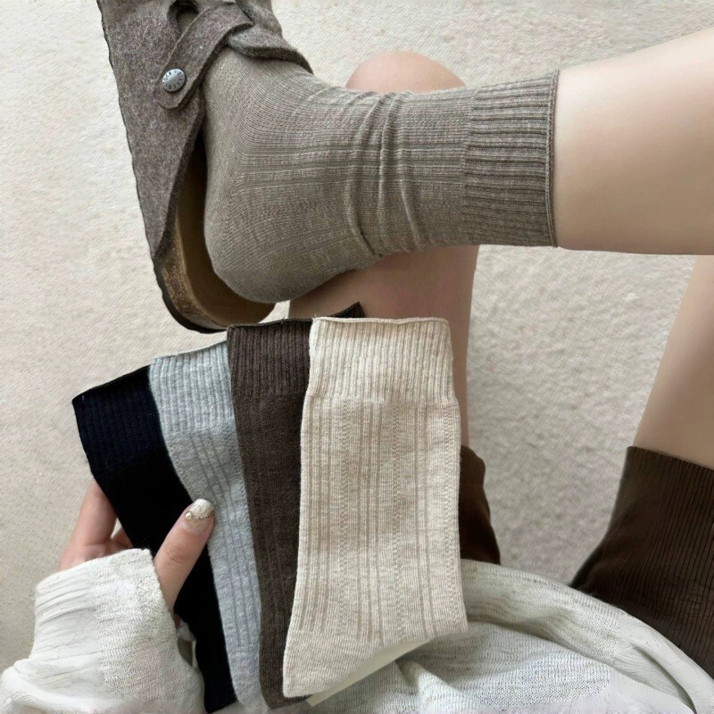 Oatmeal Striped High-End Solid Color Vertical Striped Socks for Women Mid-Calf Socks Miu Series Simple Versatile Flowing Style Slouch Socks