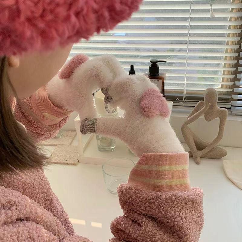 Nuevo amor de pantalla táctil guantes de peluche al aire libre de cinco dedos lindo tejido otoño invierno calentamiento a prueba de viento guantes de invierno para chicas