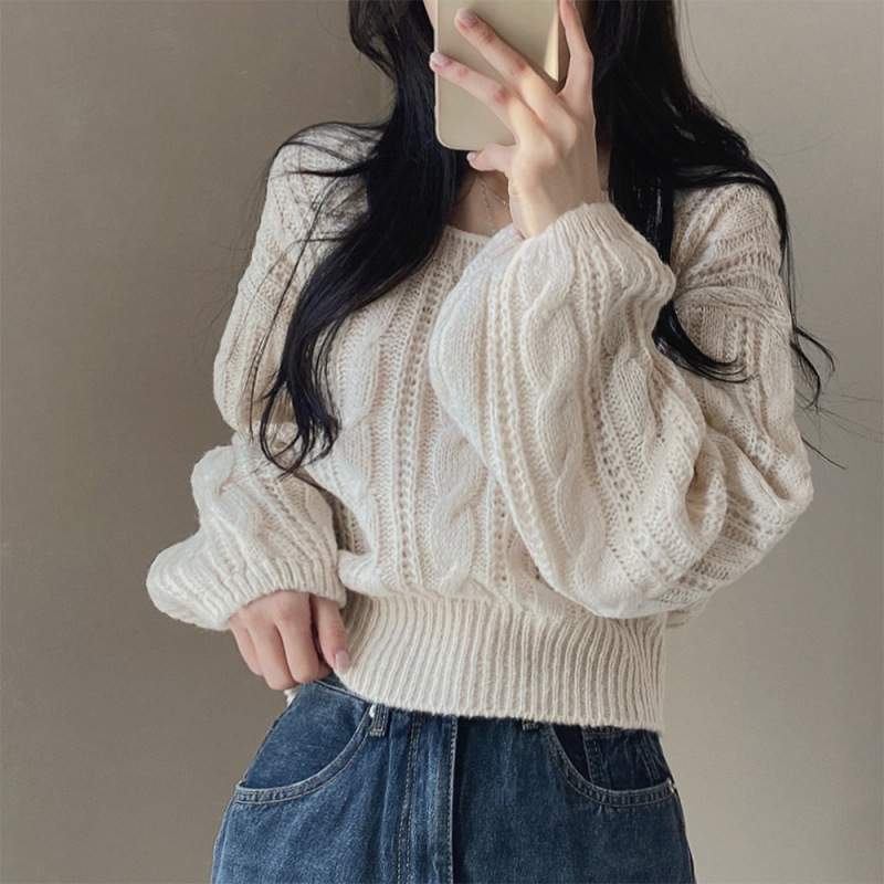 麻花短款毛衣女2025韩版秋冬新款慵懒风纯色灯笼袖方领套头针织衫|undefined