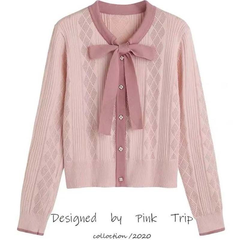 系带蝴蝶结针织开衫春秋新款女装撞色镂空针织衫短款修身外套上衣