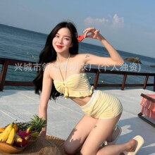 泳衣女高级感温泉欲风性感分体辣妹针织条纹挂脖比基尼小胸泳装