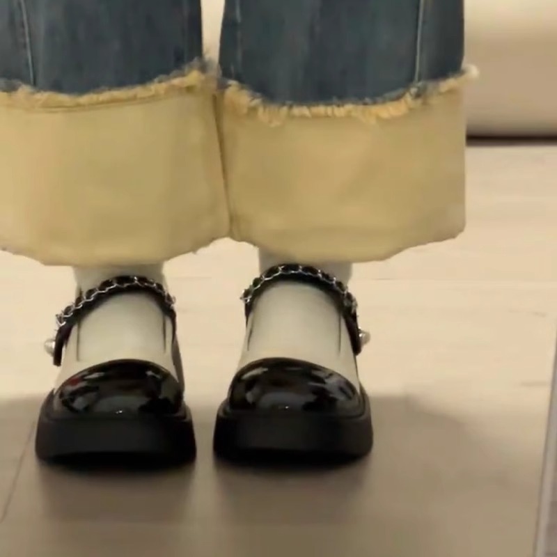 Schwarze Lederschuhe für Damen im Sommer, kleiner duftender Stil, Mary Jane-Sandalen mit dicker Sohle, runde Zehenpartie farblich abgestimmt_voghion.com