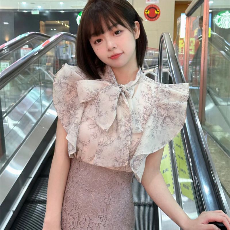 【Daisan】2026 Early Spring Japanese Style Elegant Bowknot Ribbon Sleeveless Pullover Ruffle Sleeve Ink Print Shirt