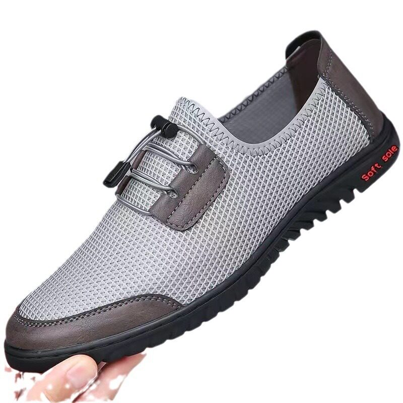 Giày thể thao nam sneaker lười thân lưới dệt kim thoáng khí, đế cao su chống trượt — màu xám, màu đen