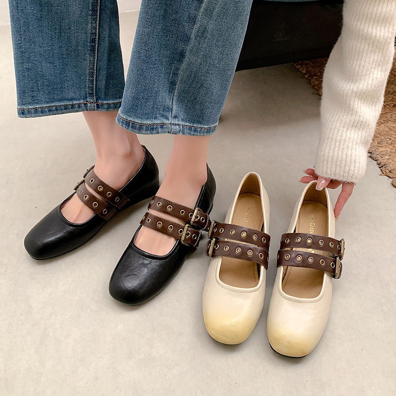 New Style French-Style Black Double-Buckle Flat Mary Jane Shoes with 5cm Internal Height Increase, Soft Leather Maternity Shoes for Women