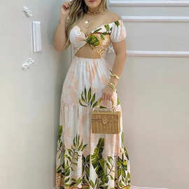 2025欧美外贸女装气质优雅印花高腰修身休闲露脐连衣裙