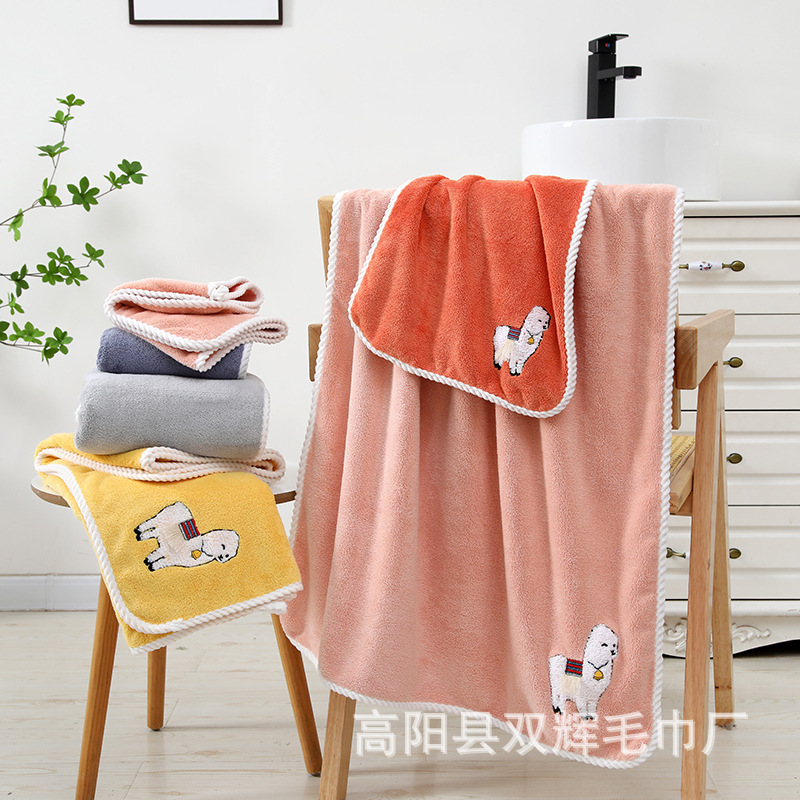 Factory wholesale high density coral fleece patch embroidered alpaca cartoon pattern for men and women beauty salon face towel bath towel set towel