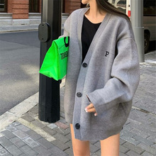 跨境优选韩版复古字母软糯毛衣开衫女秋冬新款宽松大码针织外套女