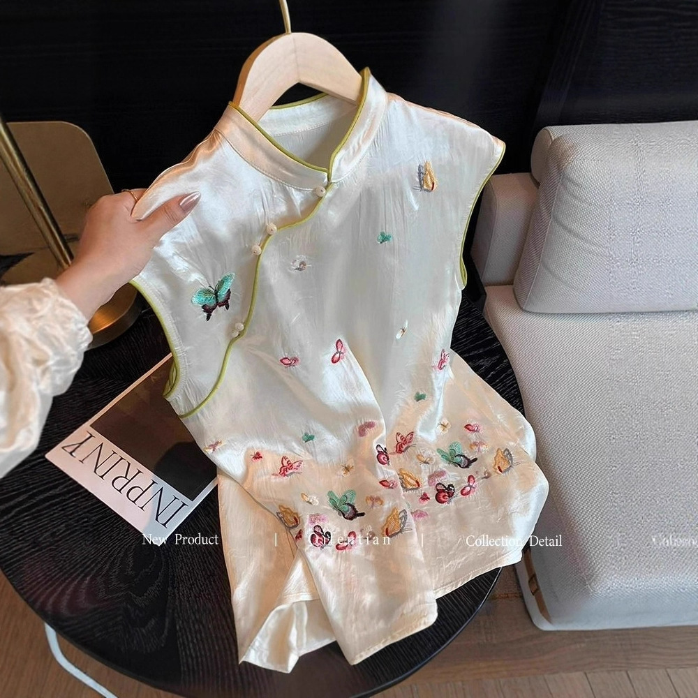 New Chinese-Style Butterfly Embroidery Acetate Vest for Women, Summer New National Style Temperament Diagonal Placket Button Sleeveless Top