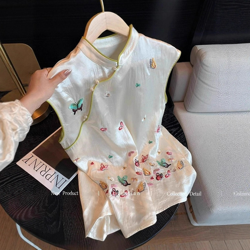 New Chinese-Style Butterfly Embroidery Acetate Vest for Women, Summer New National Style Temperament Diagonal Placket Button Sleeveless Top