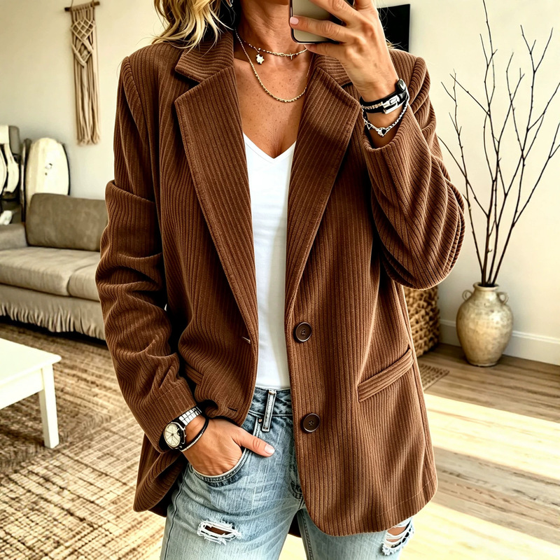 European and American Cross-Border Amazon Autumn and Winter Corduroy Blazer Two-Button Loose Casual Foreign Trade Solid Color Jacket