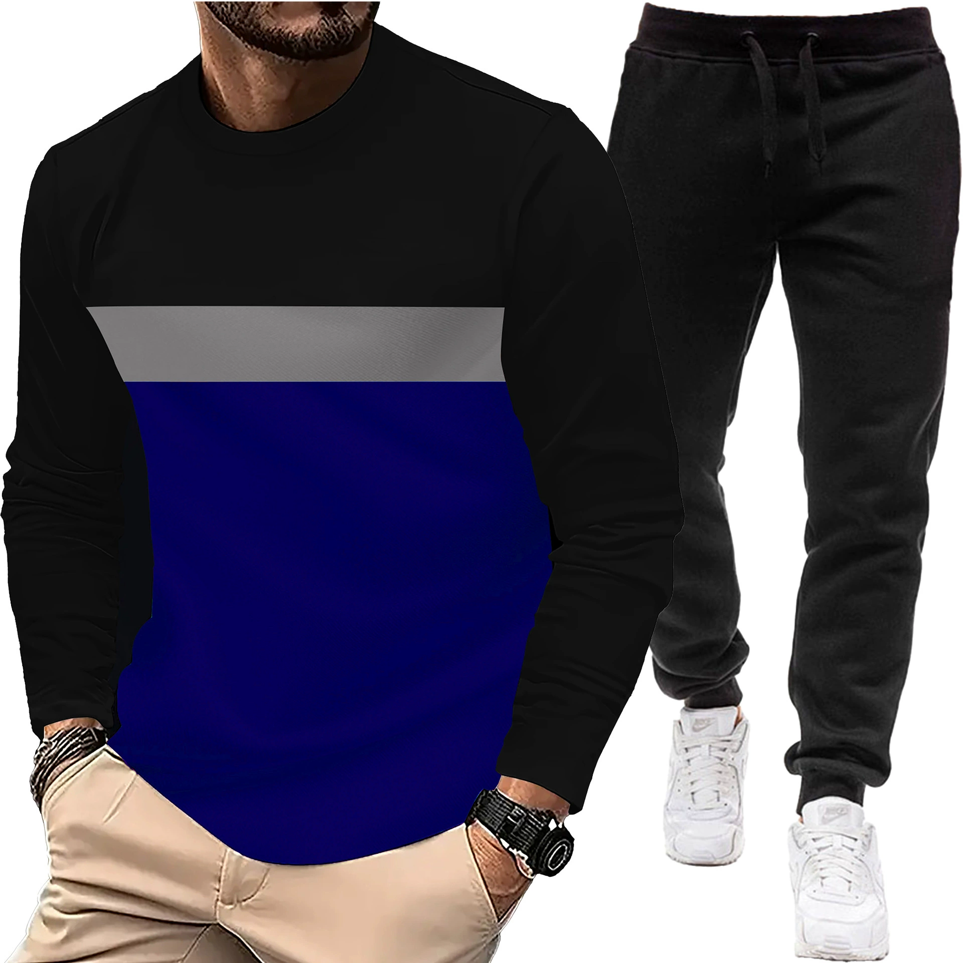 Весенние и осенние футболки с длинными рукавами и круглым вырезом. Новые европейские и американские спортивные повседневные футболки с цветным сочетанием цветов, мужские брючные костюмы.