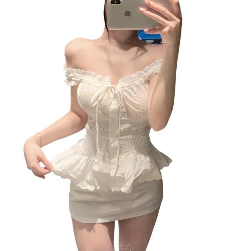 感巨好看的2025早秋一整套装女镂空收腰刺绣花边衬衫上衣半身裙潮|undefined