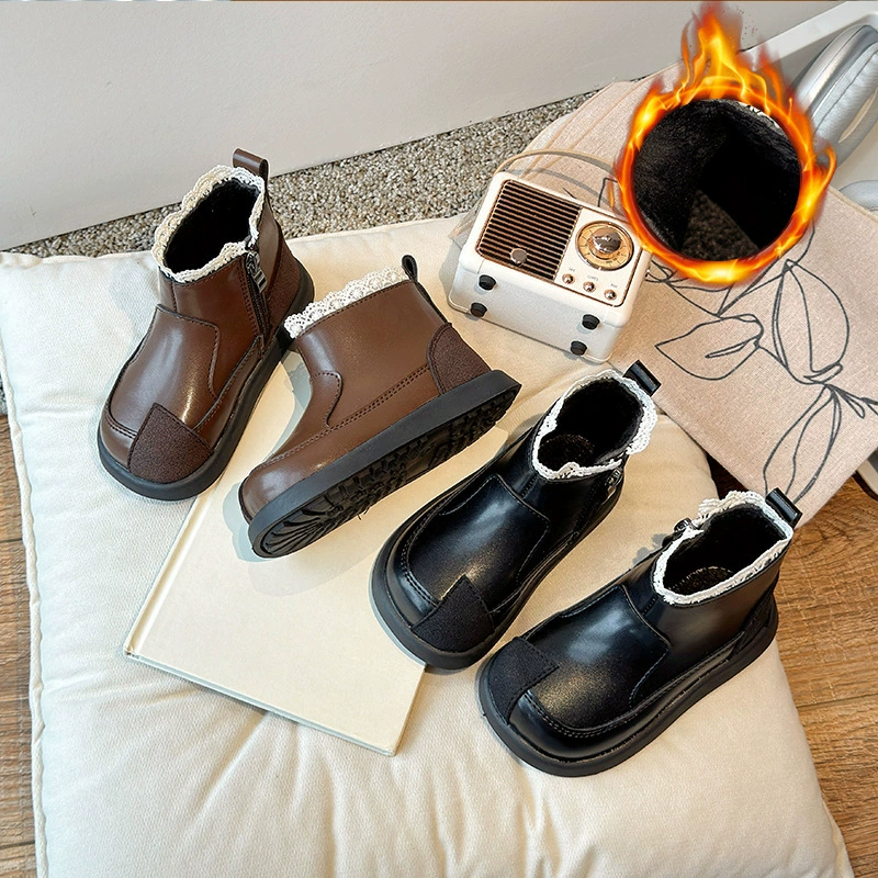 Детские сапоги Martin зимние бархатные теплые сапоги для девочек 2024 кожаные сапоги для сшивания ретро толстые маленькие и средние детские сапоги