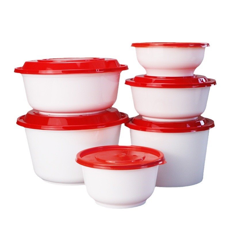 Redonda 1000ml caja de comida desechable japonesa rojo y blanco empaque para llevar plástico engrosado con cubierta caja de comida rápida comercial