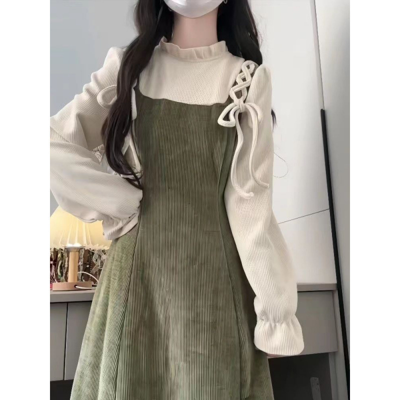 女性用スーツ 2025 秋韓国年齢軽減長袖ボトムシャツトップウエスト痩身サスペンダードレス 2 点セット|undefined