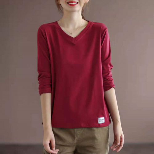 2025 New V-neck Solid Color Versatile Long Sleeve T-shirt for Women Plus Size Loose Slimming Base Shirt Top Trendy