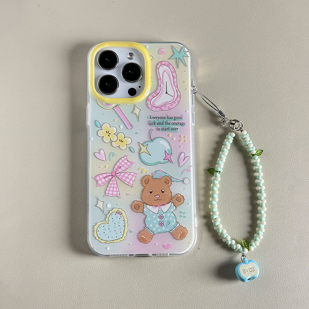 Custodia protettiva con cinturino con fiocco 3C Cartoon Bear compatibile con 16PM Cute 13 Phone Case 15 Pro_voghion.com