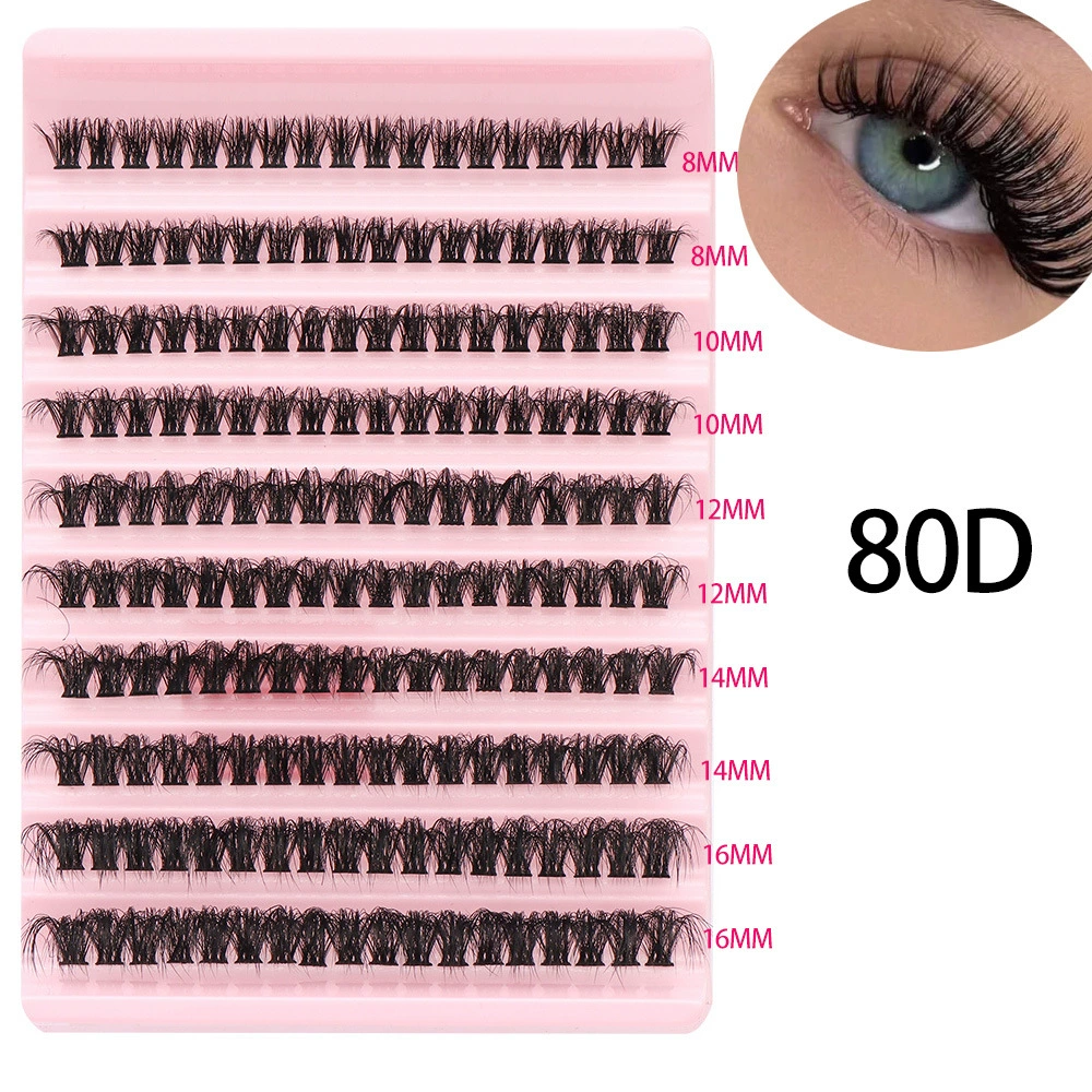 False Eyelash Cluster Set, multi-volume (30D–100D), options with glue & tweezers, compact case