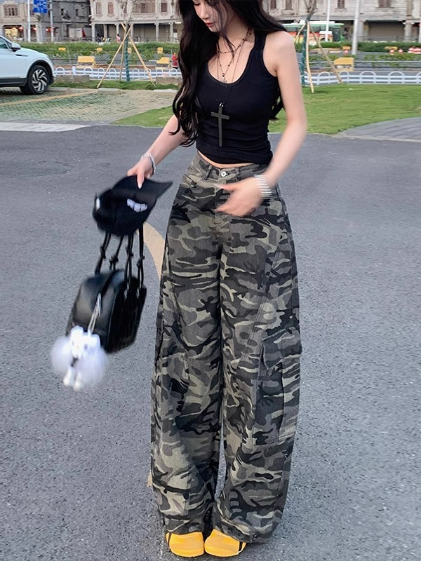 嘻哈风迷彩工装弯刀牛仔裤女春秋季新款高腰宽松显瘦美式休闲裤棉|undefined